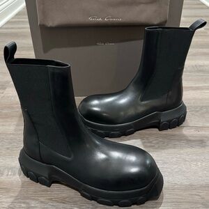 Rick Owens Beatle Bozo Tractor Black Leather Chelsea Platform Boots